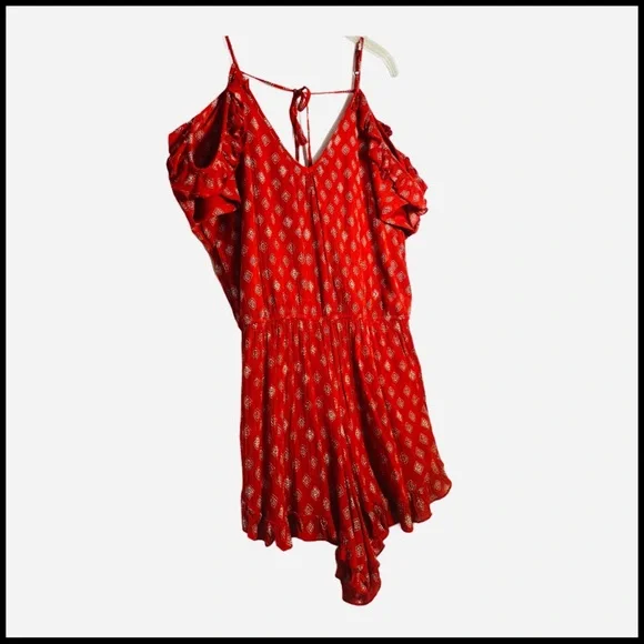 BAND OF GYPSIES RED PRINT COLD SHOULDER ROMPER S - Picture 6 of 9